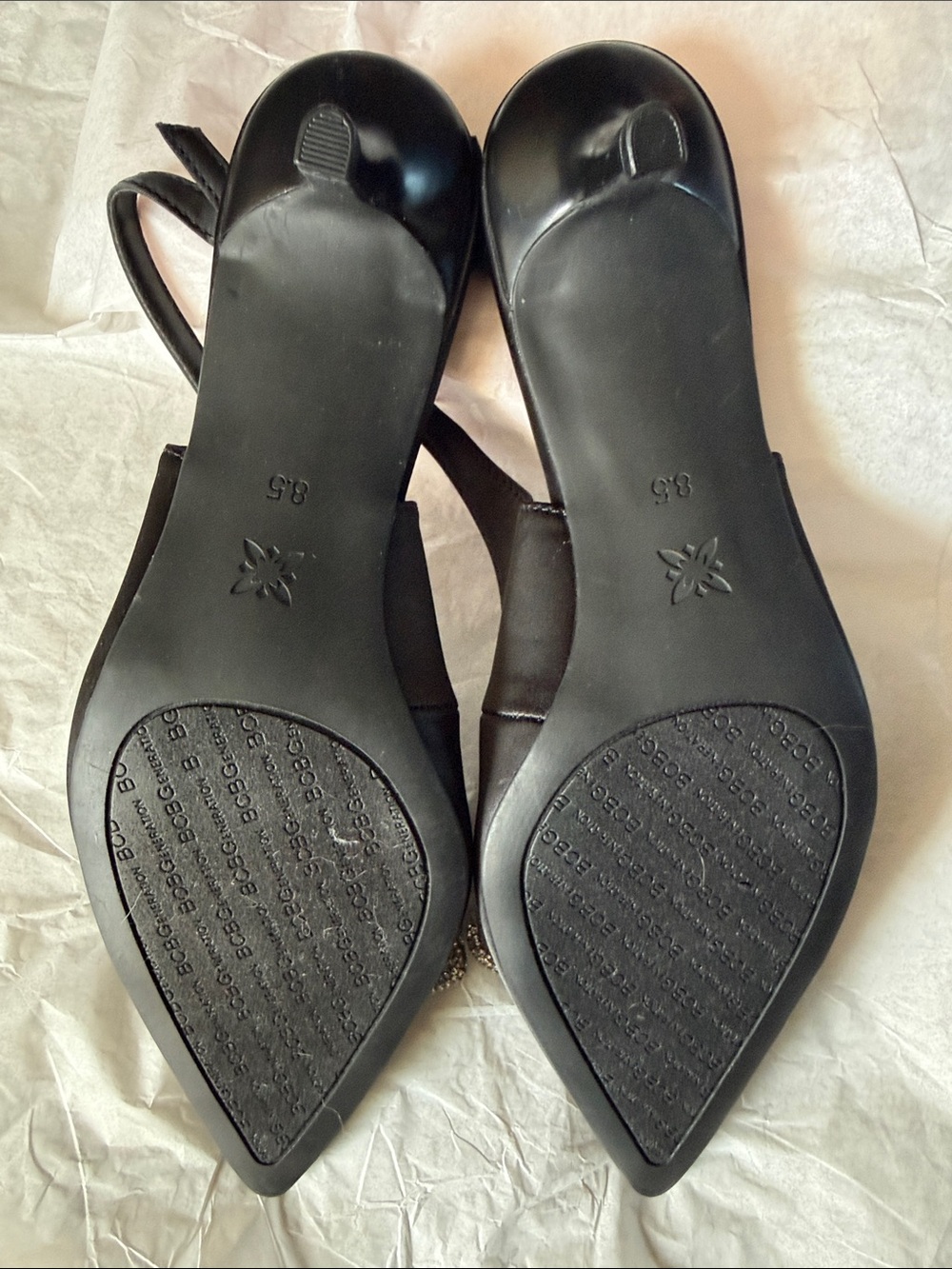 BCBGeneration Black Satin Slingback Pumps with Crystal Bow Accent - Picture 3 of 3